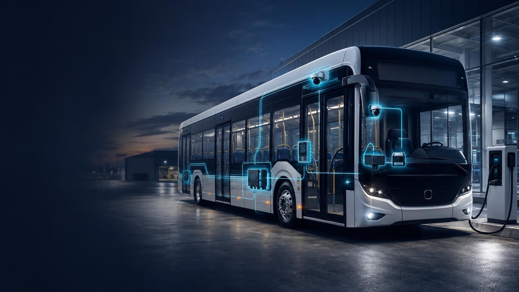 Autobus elettrico con i dispositivi di bordo collegati all'unità AVM
